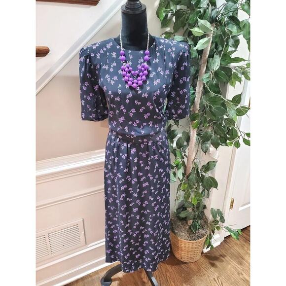 Vintage Karin Stevens Black Rayon Round Neck Half Sleeve Knee Length Dress 10 - Picture 1 of 12
